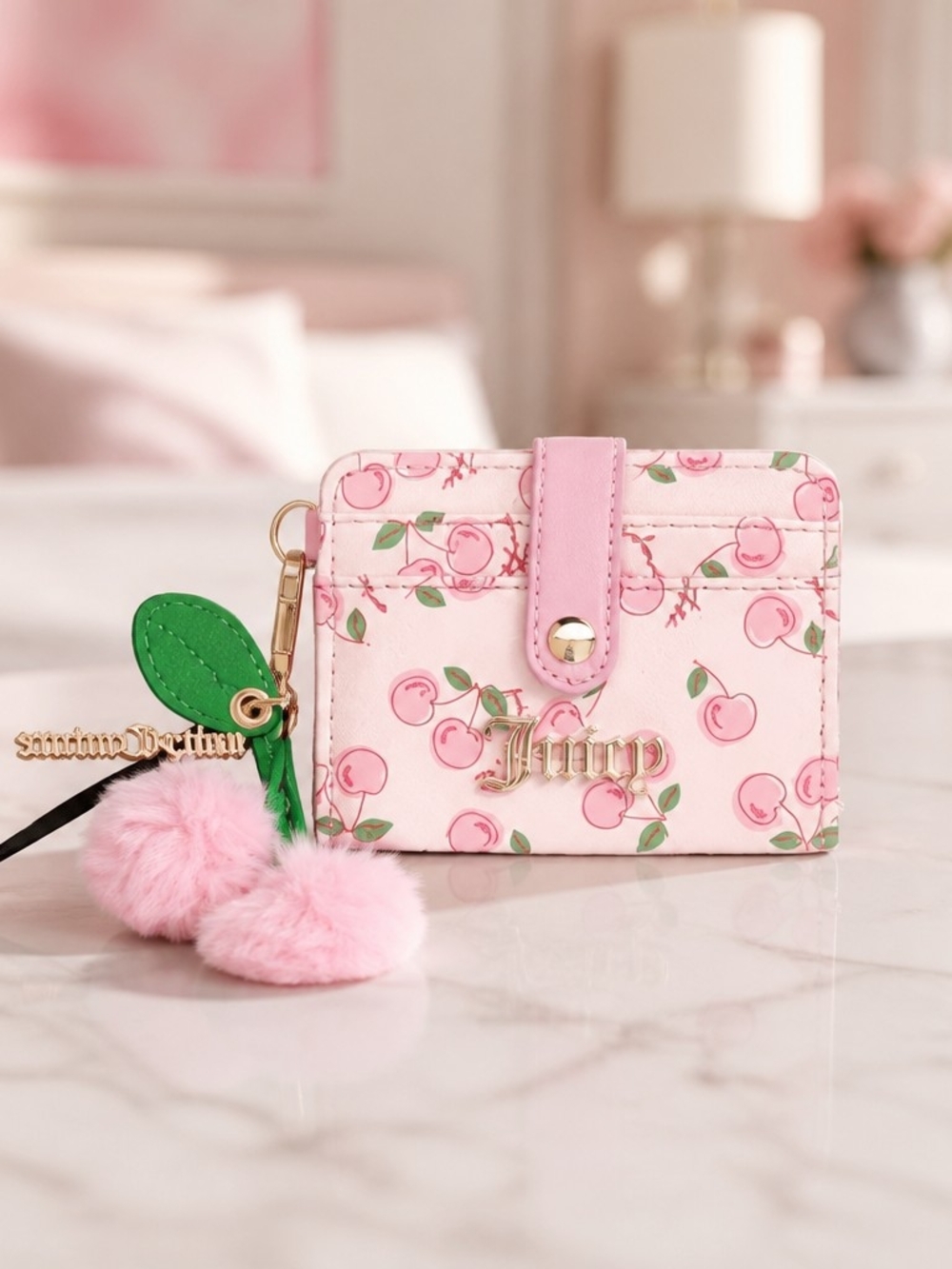 Juicy Couture Pink Cherry Print Card Holder with Pom-Pom Charm